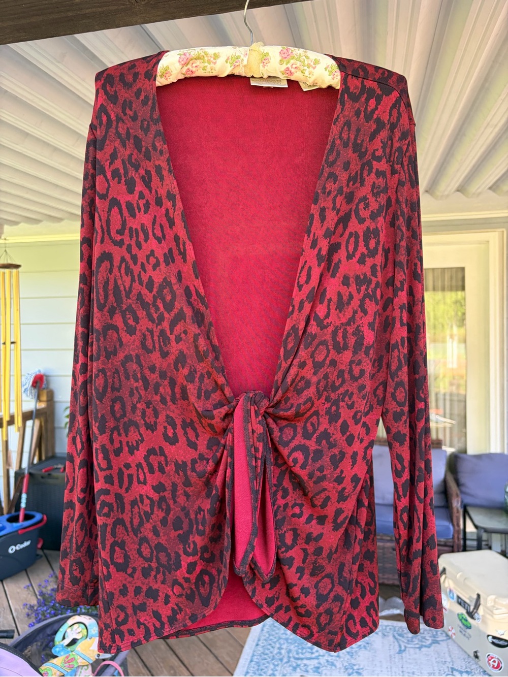 Chico’s Red Leopard Tie-Front Cardigan